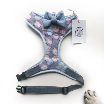 Love Heart Sweeties - Hand-made, custom illustrated harness with blue bow-tie, pocket and bone button – XS, S, M, L & Custom