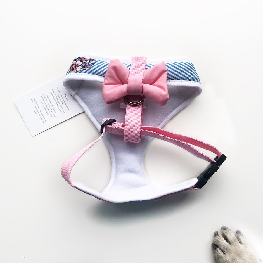 Lady Lucy - Hand-made, floral print harness with pixie collar, little white rose, pocket and bone button – XS, S, M, L & Custom