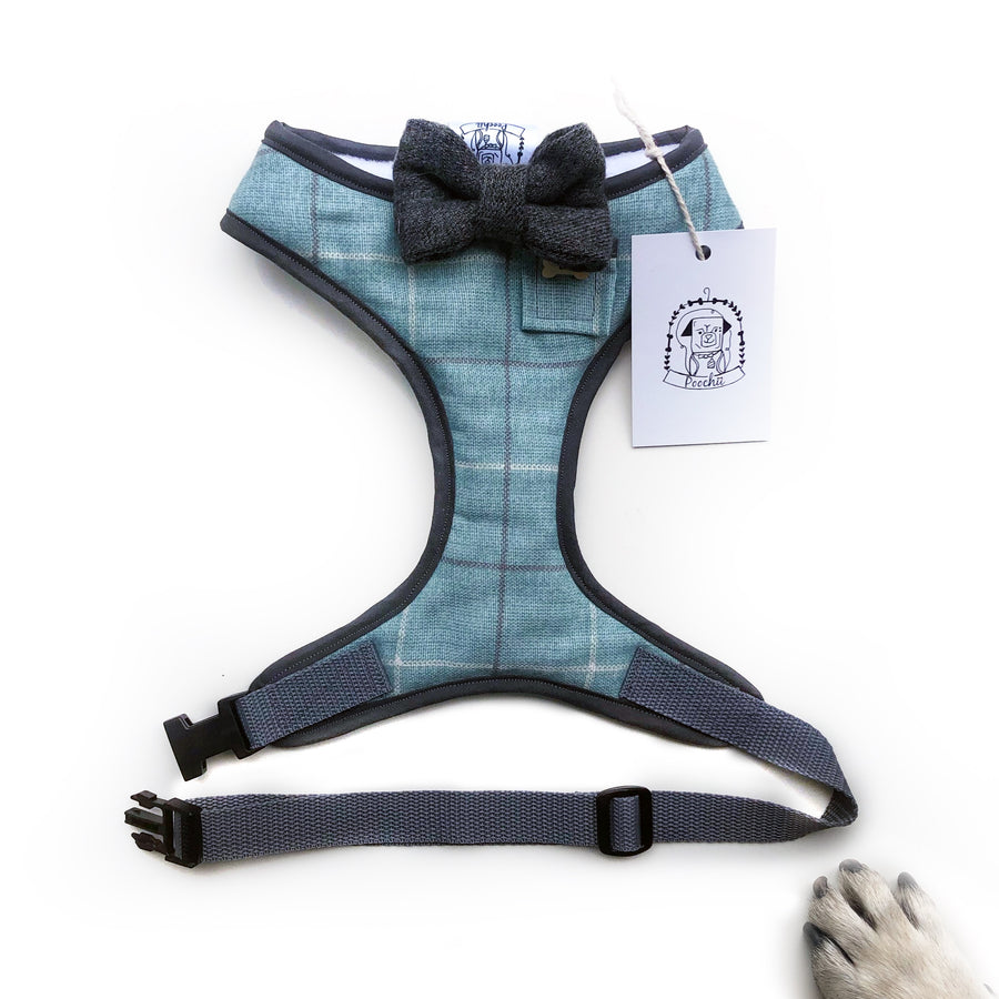 Sir Noah - Hand-made, plaid harness with grey bow-tie, pocket and bone button – XS, S, M, L & Custom