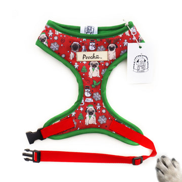 Santa Pug is Coming to Town - Hand-made, authentic custom illustrated pug christmas harness with gold label tag  – XS, S, M, L, XL & Custom