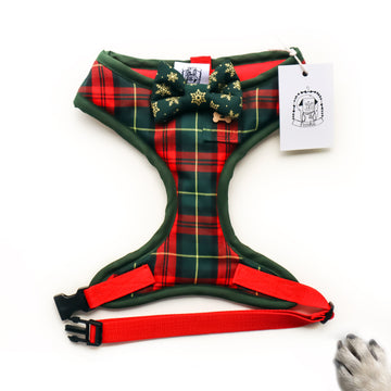 Sir Mackinnon - Hand-made, Scottish style tartan harness with green and gold snowflake bow-tie, pocket and bone button – XS, S, M, L, XL & Custom