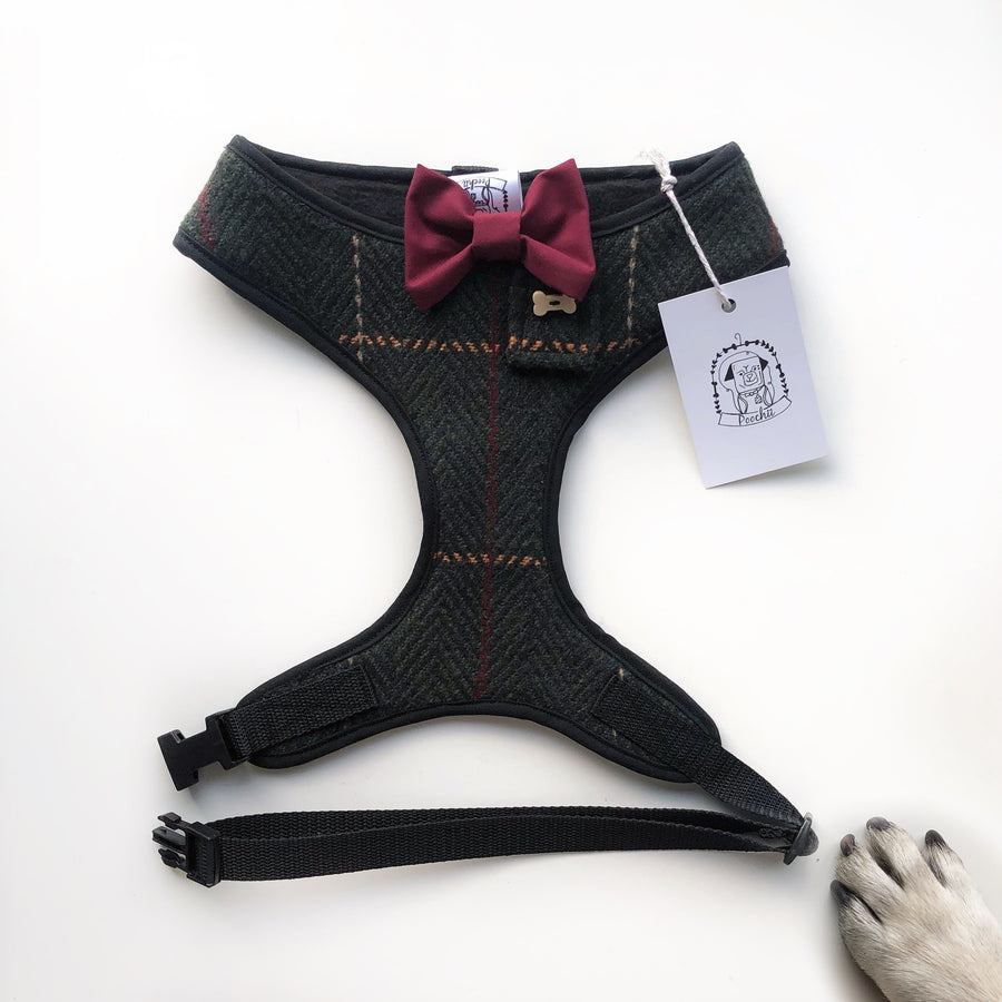 Sir Augustus (Front of harness) - Hand-made, authentic tweed harness with Burgundy bow-tie, pocket and bone button – XS, S, M, L, XL & Custom