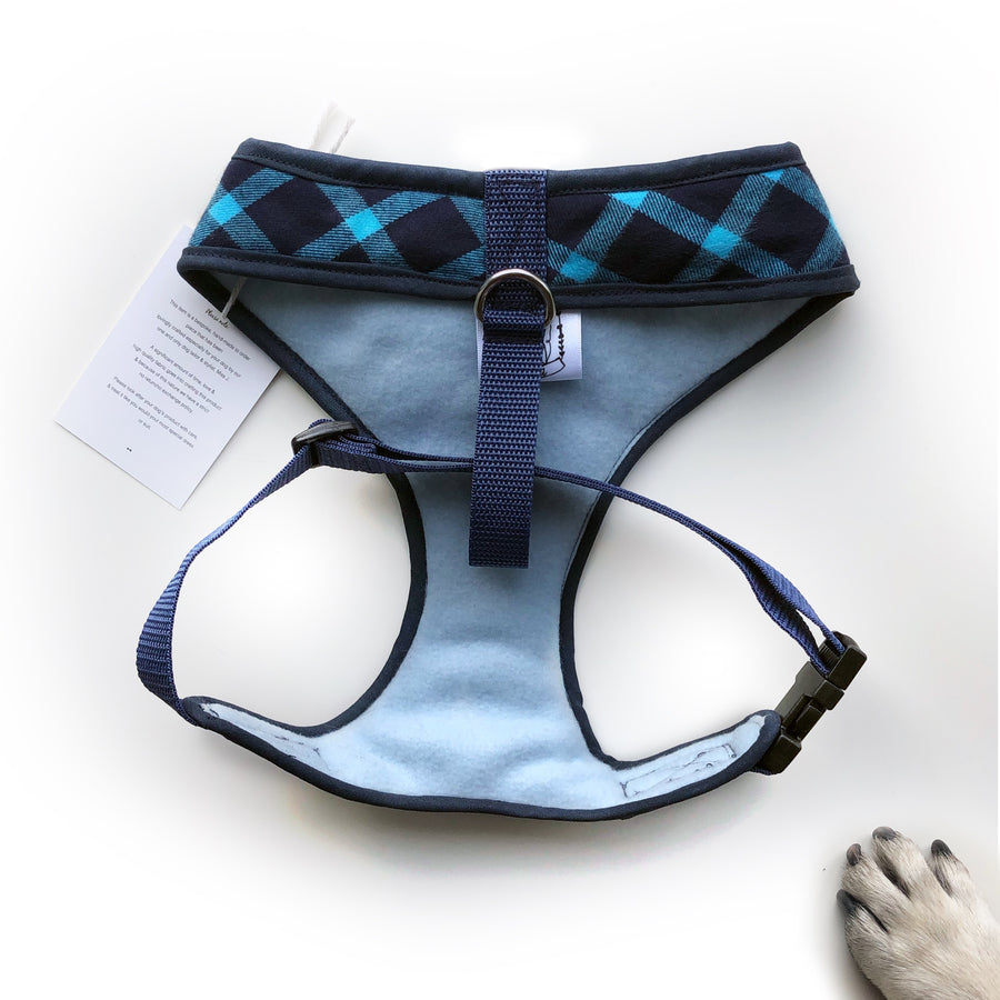 Sir Barnaby - Hand-made, plaid harness with blue bow-tie, pocket and bone button – XS, S, M, L & Custom