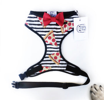 Sir Domino - Hand-made, pizza print harness with red bow-tie, pocket and bone button – XS, S, M, L & Custom