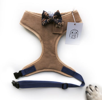 Sir Horace - Hand-made, corduroy fabric harness with navy paisley bow-tie, pocket and bone button – XS, S, M, L & Custom
