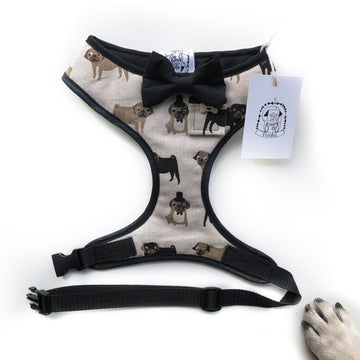 Sir Newton - Hand-made, Fenella Smith pug print harness with bow-tie, pocket and bone button – XS, S, M, L, XL & Custom