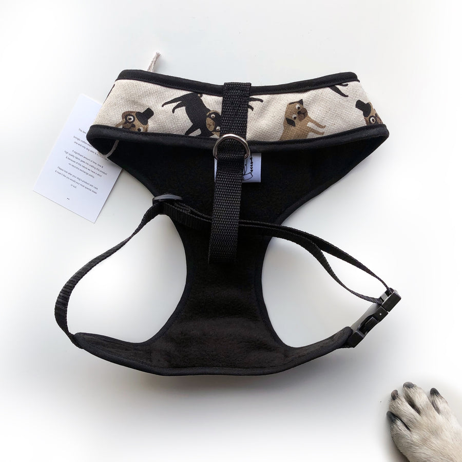 Sir Newton - Hand-made, Fenella Smith pug print harness with bow-tie, pocket and bone button – XS, S, M, L, XL & Custom