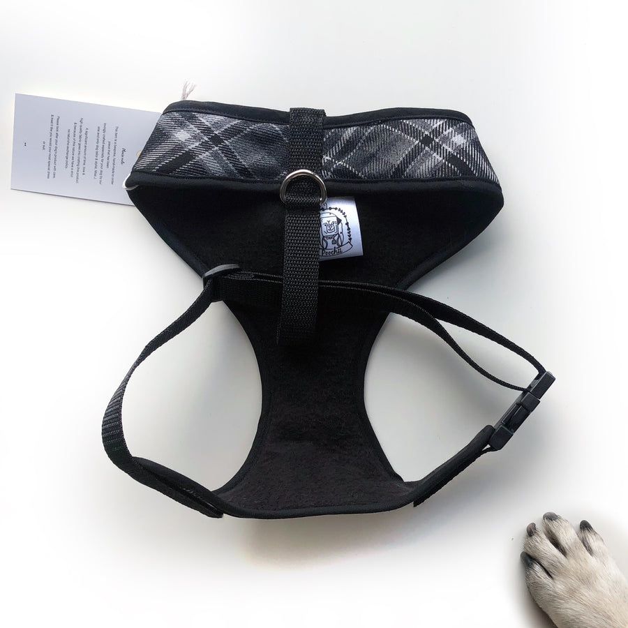 Sir Rupert (back) - Hand-made, authentic British suiting fabric harness with black bow-tie, pocket and bone button – XS, S, M, L & Custom