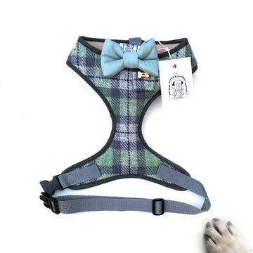 Sir Dougal - Hand-made, genuine Harris tweed harness with sage bow-tie, pocket and bone button – XS, S, M, L, XL & Custom