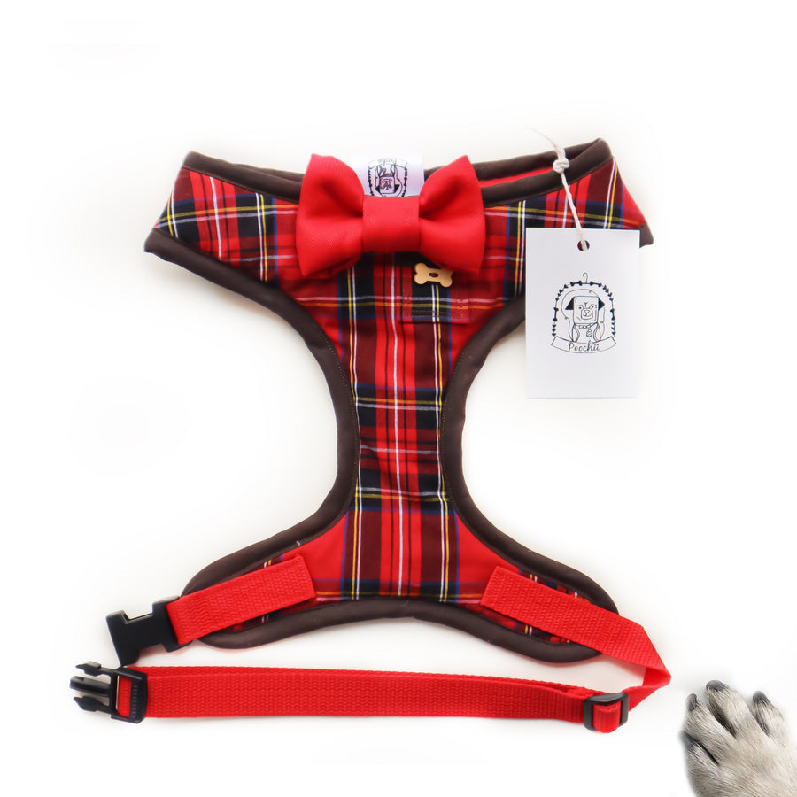 Sir Rory - Hand-made, Scottish style tartan harness with red bow-tie, pocket and bone button – XS, S, M, L, XL & Custom