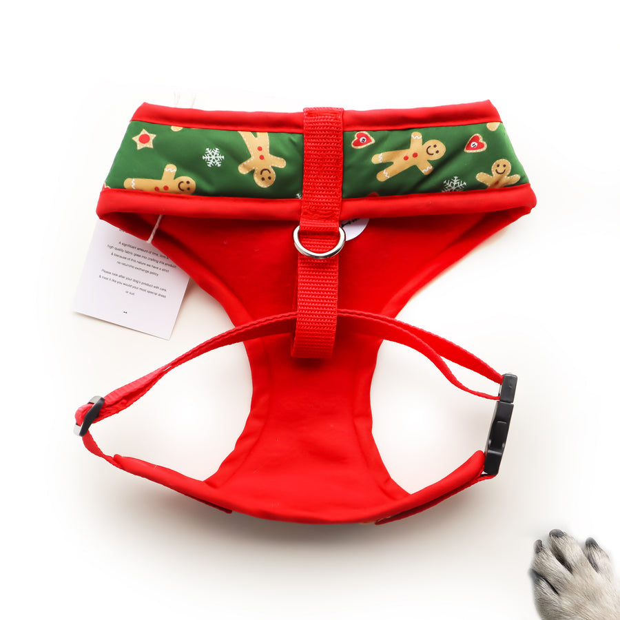 Gingerbread Love - Hand-made, gingerbread print harness with red bow-tie, pocket and bone button – XS, S, M, L, XL & Custom