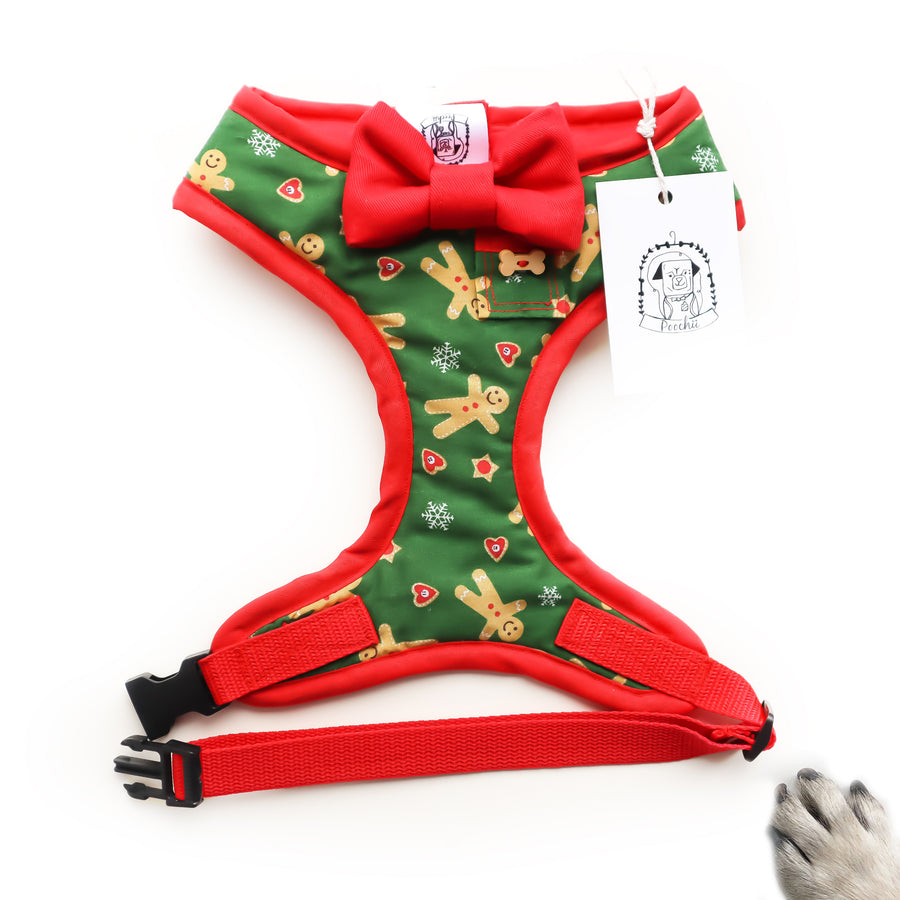 Gingerbread Love - Hand-made, gingerbread print harness with red bow-tie, pocket and bone button – XS, S, M, L, XL & Custom