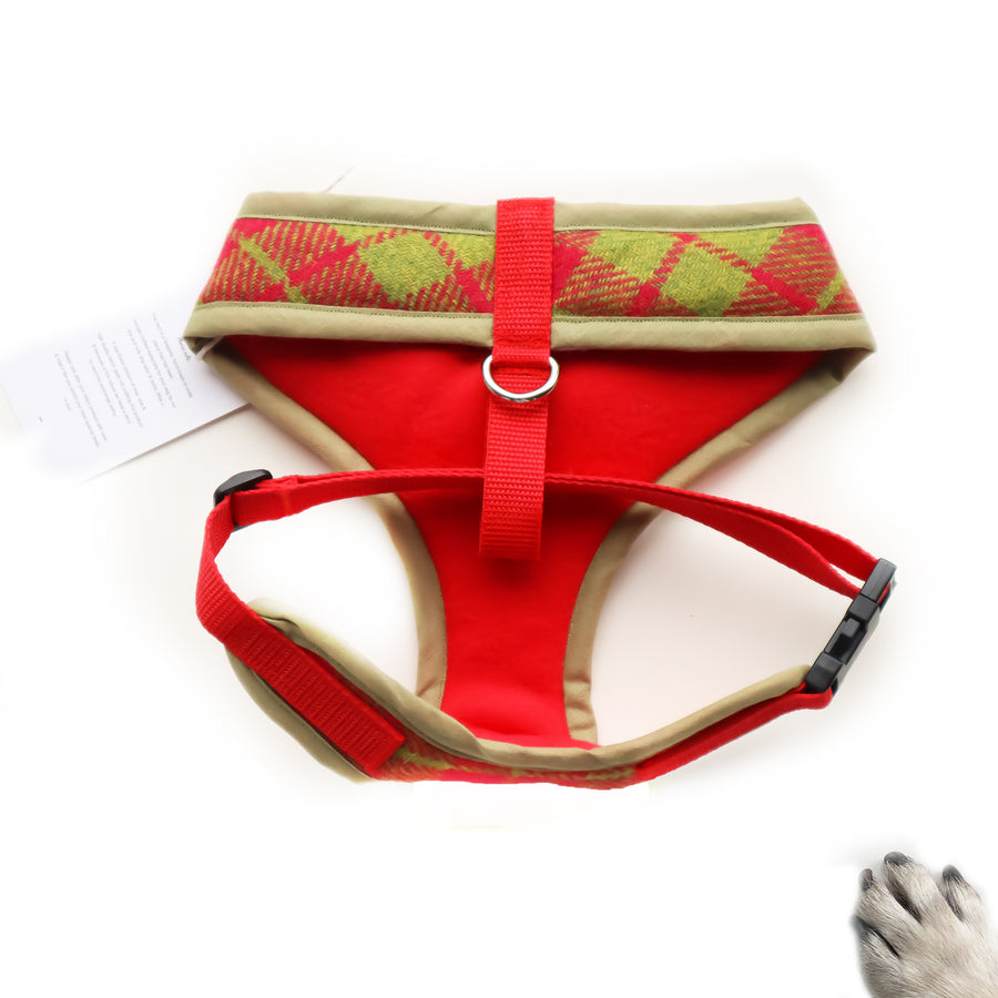Hello Grinch - Hand-made, cerise and green Scottish tweed harness with red bow-tie, pocket and bone button – XS, S, M, L, XL & Custom