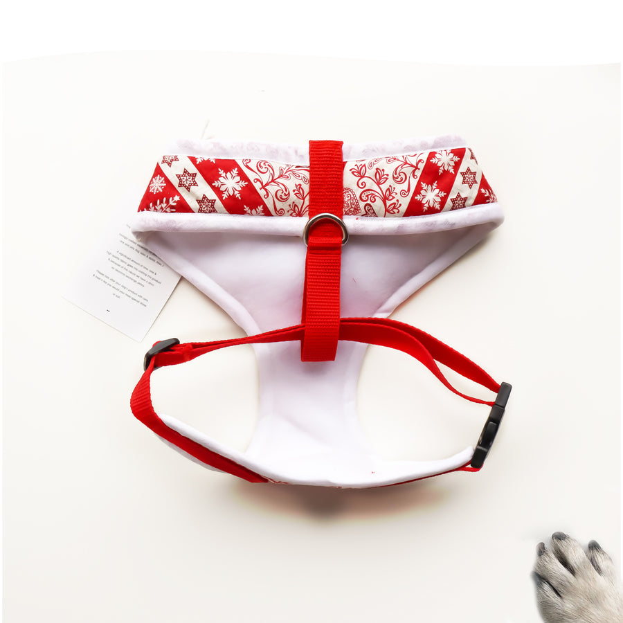 The Aima - Hand-made, Nordic Fair Isle print harness with red bow-tie, pocket and bone button – XS, S, M, L, XL & Custom