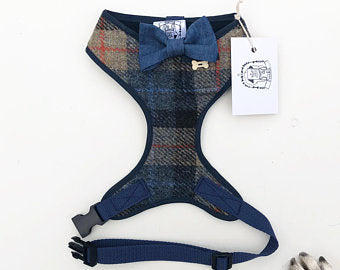 Sir Gizmo - Hand-made, genuine Harris tweed harness with denim bow-tie, pocket and bone button – XS, S, M, L, XL & Custom