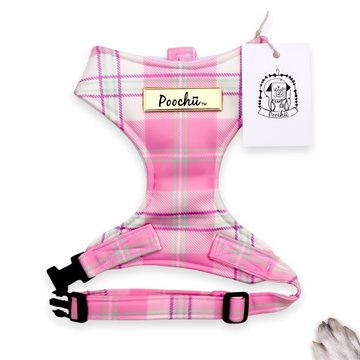 Lady Lola - Hand-made, luxury candy pink tartan style harness with our gold Poochu signature logo tag & bow on back – XS, S, M, L, XL & Custom