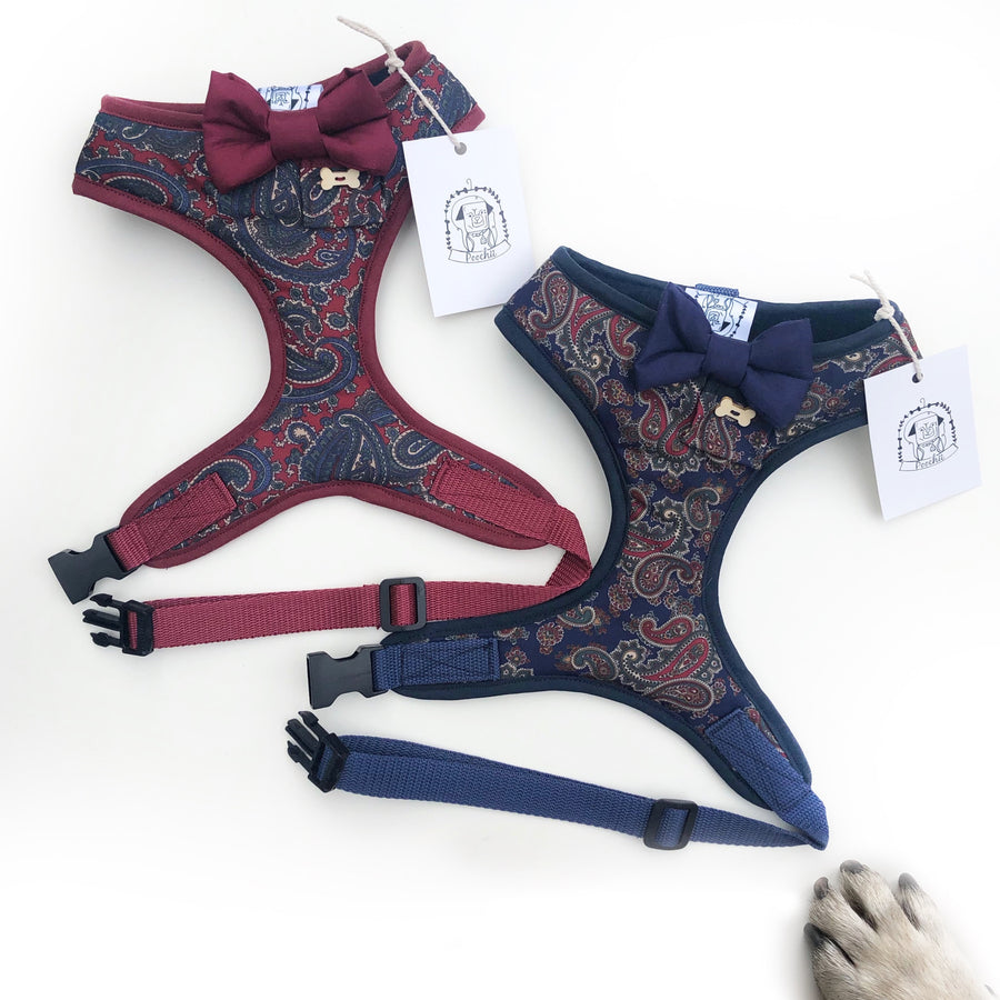 Sir Charles - Hand-made, burgundy paisley fabric harness with burgundy  bow-tie, pocket and bone button – XS, S, M, L & Custom