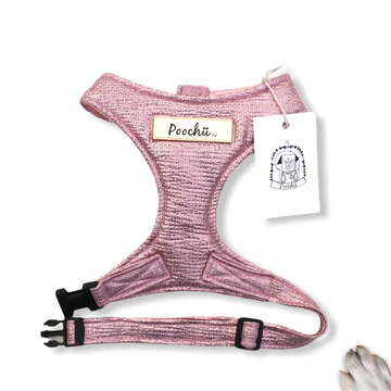 Lady Layla - Hand-made, luxury crushed pink sparkle harness with our gold Poochu signature logo tag & bow on back  – XS, S, M, L, XL & Custom