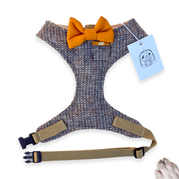 Sir Lewis - Hand-made, genuine Harris tweed harness with mustard bow-tie, pocket and gold Poochu button label – XS, S, M, L, XL & Custom