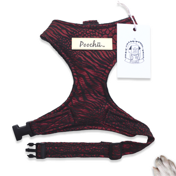 Lady Naomi - Hand-made, luxury burgundy foil animal print harness with our gold Poochu signature logo tag & bow on back  – XS, S, M, L, XL & Custom