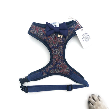 Sir Albert - Hand-made, navy paisley fabric harness with navy bow-tie, pocket and bone button – XS, S, M, L & Custom