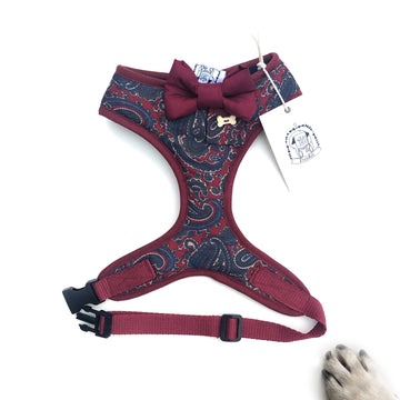 Sir Charles - Hand-made, burgundy paisley fabric harness with burgundy  bow-tie, pocket and bone button – XS, S, M, L & Custom