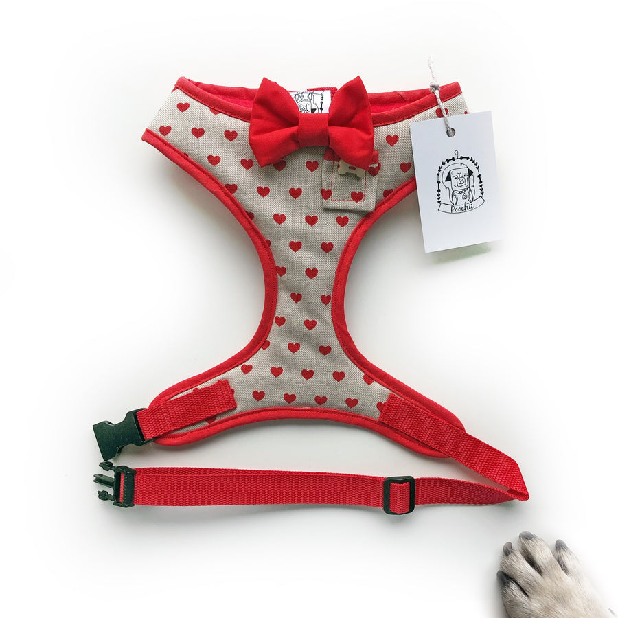 Love Hearts - Hand-made, red heart harness with red bow-tie, pocket and bone button – XS, S, M, L, XL & Custom