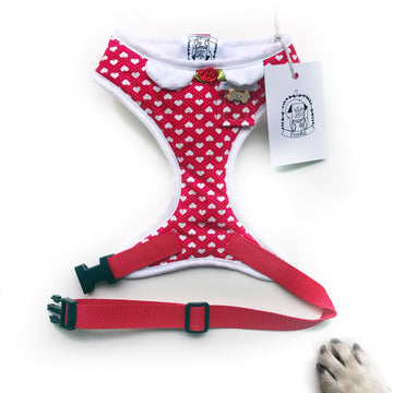 Be Mine - Hand-made, heart print harness with pixie collar, pocket and bone button – XS, S, M, L, XL & Custom