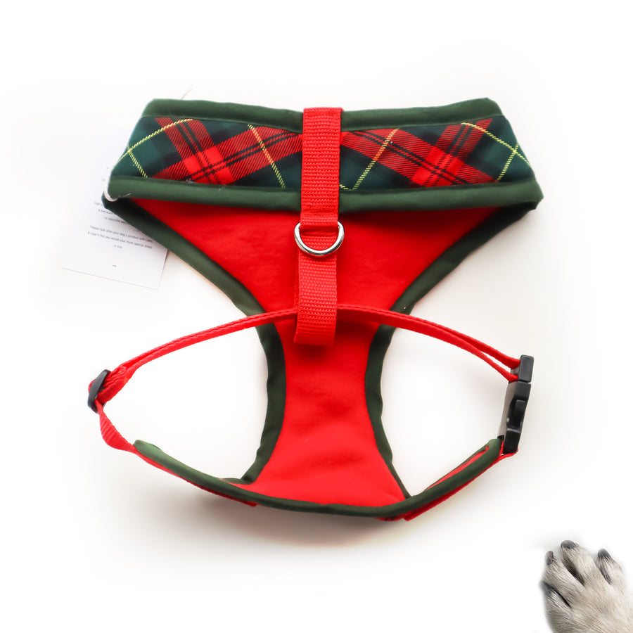 Sir Mackinnon - Hand-made, Scottish style tartan harness with green and gold snowflake bow-tie, pocket and bone button – XS, S, M, L, XL & Custom