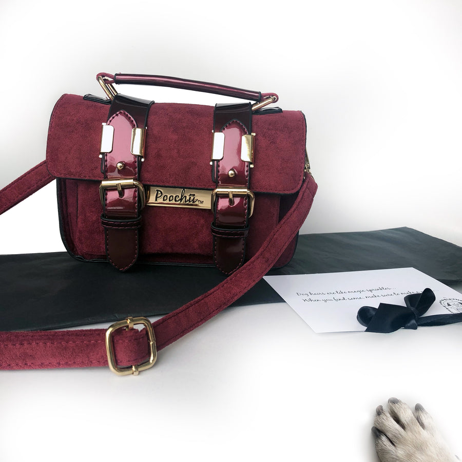 The Madison Burgundy - Luxury, faux suede satchel bag with gold signature logo tag