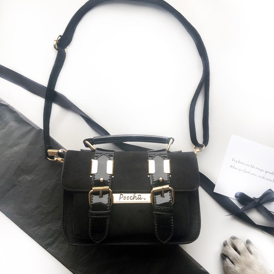 The Madison Black - Luxury, faux suede satchel bag with gold signature logo tag