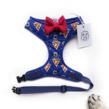 Pizza Pug - Hand-made, pizza pug print harness with red bow-tie, pocket and bone button – XS, S, M, L & Custom