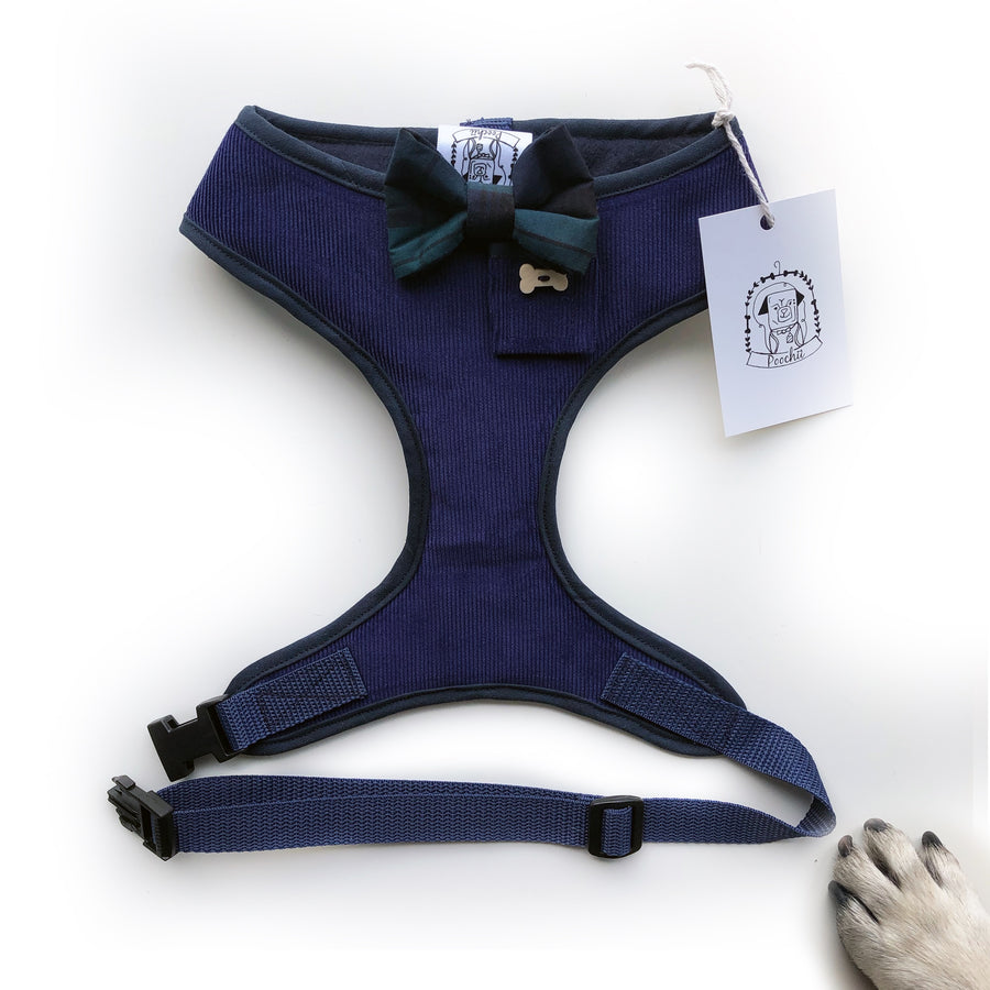 Sir Edgar - Hand-made, corduroy harness with tartan bow-tie, pocket and bone button – XS, S, M, L & Custom