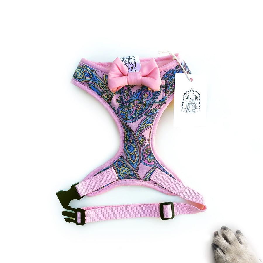 Lady Thea - Hand-made, pink paisley print harness with pink bow-tie, pocket and bone button – XS, S, M, L & Custom
